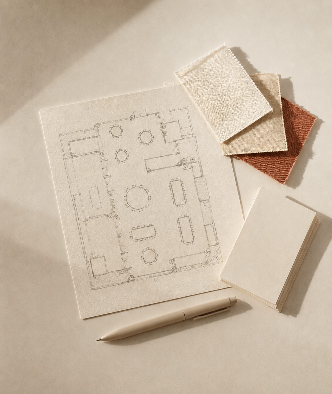 Boceto a mano del plano de un evento con muestras de tela y papelería — Haru Planning